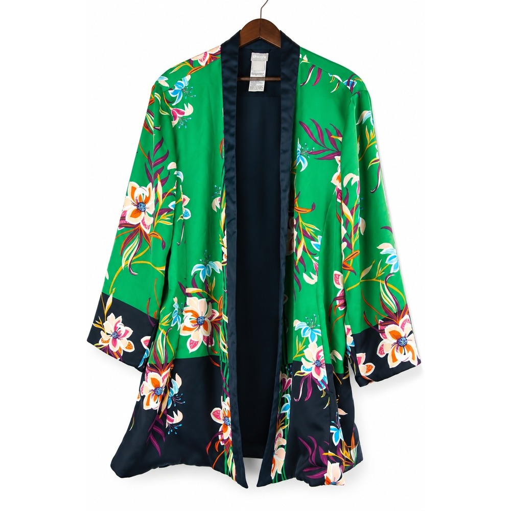Chico's Green & Navy Floral Satin-Trim Kimono